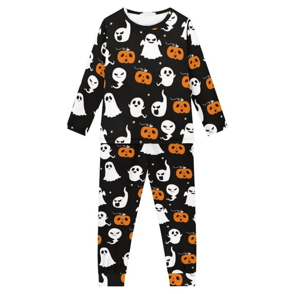 Renewold Halloween Long Sleeve Pajamas Set of 2 Kin's Snug-Fit Indoor Home Athletic Clothing Pumpkins Ghosts Personalized Durable Black Nightwear Loungewear Size 3-4