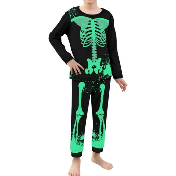 Renewold Halloween Long Sleeve Pj Pajama Set for Kids Green Skull Nightgown Sleepwear Size 3-4 Years Old 2 Pieces Loose Fitting Athletic Clothing for Jogger Sleep