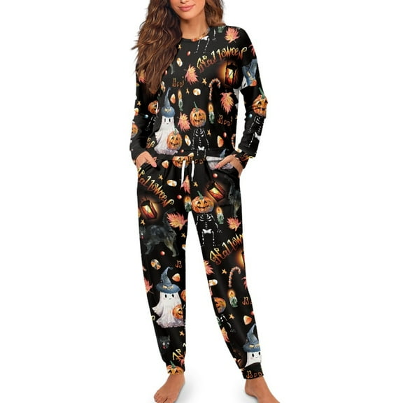 Renewold Halloween Pjs Women Ghost Pumpkin Pajamas Cozy Loungewear Ladies Pajamas Sets 2 PCS Long Sleeve Pj Set Pumpkin Pajama Novelty Pajamas Sleepwear Party Outfits Size S