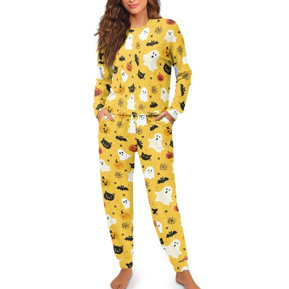 Renewold Halloween Pumpkin Pjs Women Drawstring Pajamas Set 2 Piece Fall Pajamas Cute Ghost Pajamas Loungewear Pjs Trendy Cozy Sleepwear Night Wear Jogger Sets 2XL