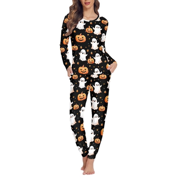 Renewold Halloween Pumpkins Pajamas Halloween Ghost Pjs Women Sets 2 Piece Loungewear Pajamas Slim Fit Lounge Sets Cozy Sleepwear Long Sleeve Pj-S