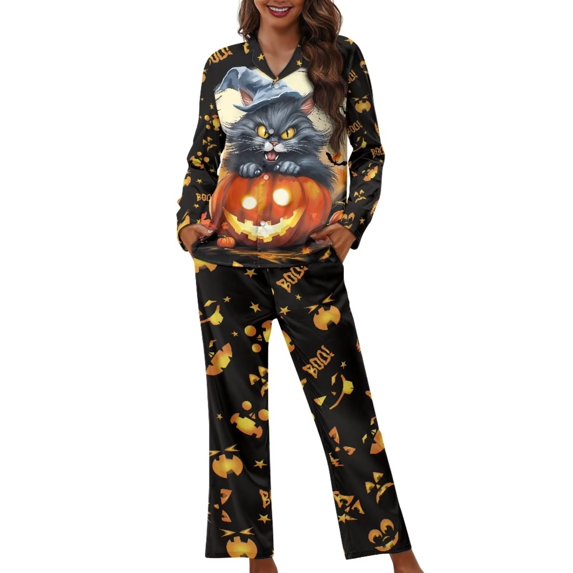 Renewold Halloween Scoop Neck Button Pajama Nightwear for Women 2 Pieces Breathable Pants & Pullover Tops Thermal Cozy Sleep Set Black Cats Pumpkins Loungewear Size L
