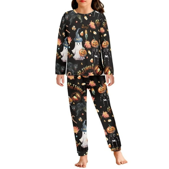 Renewold Halloween Theme Pajamas for 7-8 Boys Girls Witch Hats Ghosts Scoop Neck Long Sleeve Pullover Shirt Loungewear 2 Pieces Sweatshirt Sweatpants Set