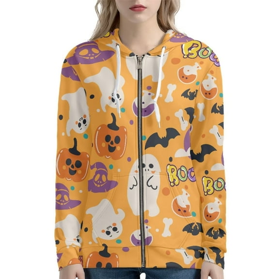 Renewold Halloween Theme Zipper Hoodie Streetwear Boo Ghosts Graphic Crewneck Sweatshirt Street-Wear Size L Women Oversized Sport Clothing Sweatshirt Jacket