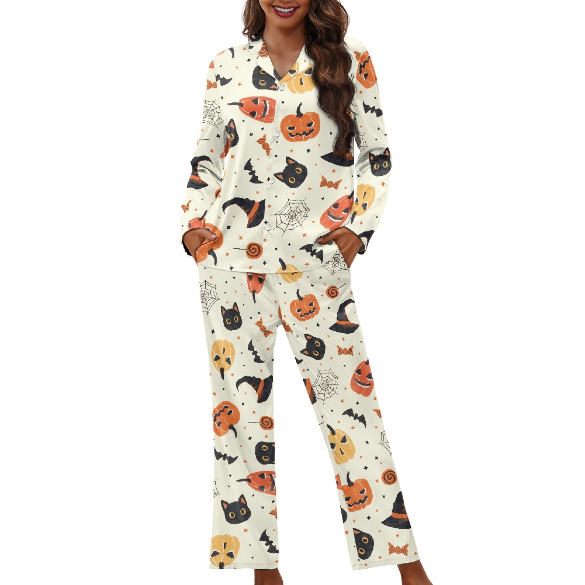 Renewold Halloween Women Pajamas Set Cat Bats Lounge Wear Size M Long