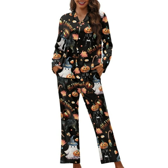 Renewold Halloween Womens Pajama Set of 2 Button Down Nightwear Ghost Pumpkin House Wear Long Sleeve Top and Pants Spooky Sleepwear Sets Lounge Wear Outfits Size L