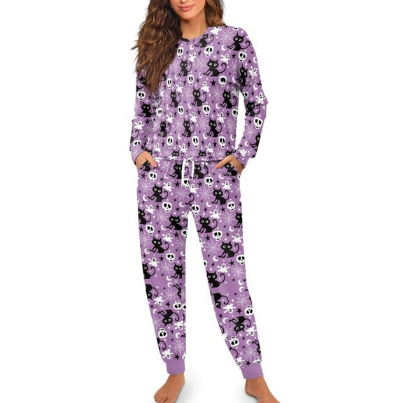 Renewold Halloween Womens Pajamas Plus Size Pajama Set for Women Loungewear Set Skull Black Cat Pajamas Comfy Pjs 2 Piece Long Sleeve Pj Cozy Pants Drawstring Pjs Size XL