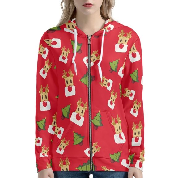 Renewold Happy Christmas Zippered Hoodie Comfy Preppy Xmas Trees Reindeer Sportswear Jacket Fit for Winter Novelty Women Hoody Sweatshirt Streetwear Size 3XL