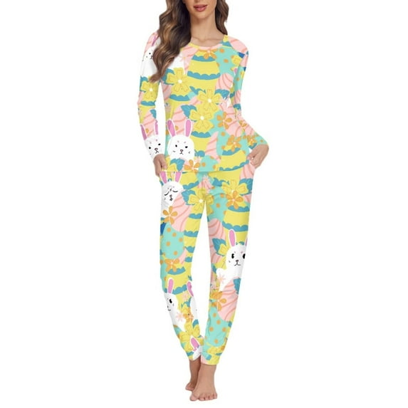 Renewold Happy Easter Pajamas for Women Size XS Rabbit Flower Egg Long Sleeve Pajama Set Lightweight Sleepwear 2pcs Winter Nightwear Gift for Ladies Size 6XL