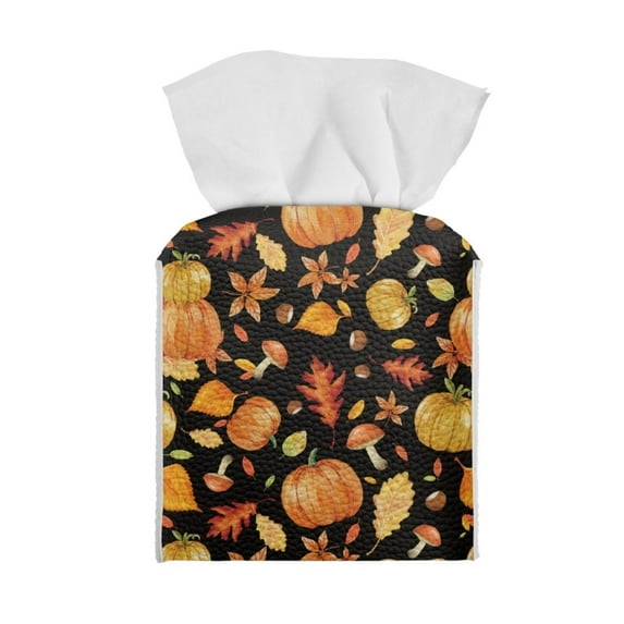 Renewold Harvest Fall Tissue Box Cover Decor for Bathroom/Office Desk Thanksgiving Tissue Holder with Bottom Belt Pumpkins Mushroom Napkin Holder Case PU Leather