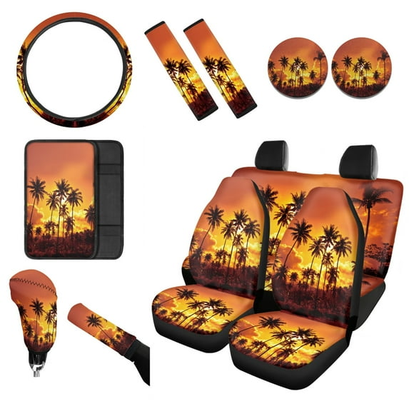 Renewold Hawaiian Beach Palm Tree Gold Car Seat Cover Split Covers for Women Men, Car Steering Wheel Cover Seatbelt Strap Shoulder Cover Coasters Armrest Pad Handbrake Cover Gear Shift Cover