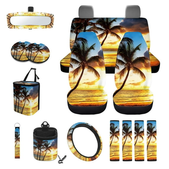Renewold Hawaiian Palm Tree Car Seat Covers Front Rear Split Bench Full Set Steering Wheel Seat Belt Covers Coasters Trash Bin Hanging Storage Bag Cup Holders Rearview Mirror Cover Key Ring, 15 PCS