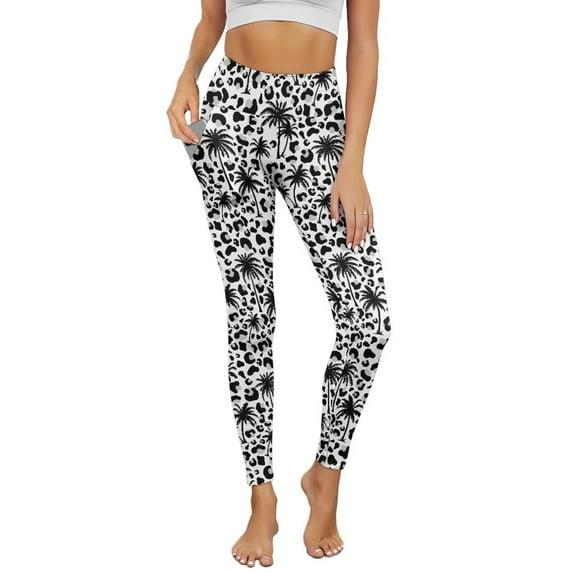 Renewold Hawaiian Palm Tree Leopard Print Yoga Leggings for Women Yoga Pants with Pockets Athletic Tights Soft Basic Pants Casual Active Yoga Leggings for Workout Sports Disco Party, M