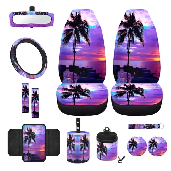 Renewold Hawaiian Palm Tree Violet 12 Pack Front Car Seat Covers Full Set with Steering Wheel Cover Safe Belt Pads Armrest Pad Coasters Garbage Can Rear View Mirror Cover Keychain Air Vent Pouch