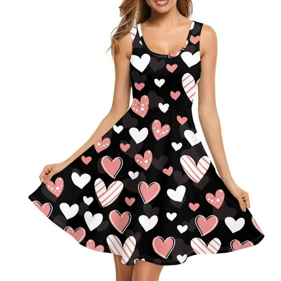 Renewold Hearts Graphic Summer Tank Dress Beach Dance Dresses for Women Valentine's Day A-Line Swing Dresses Size XL Soft Cozy Up Twirly Skater Dress