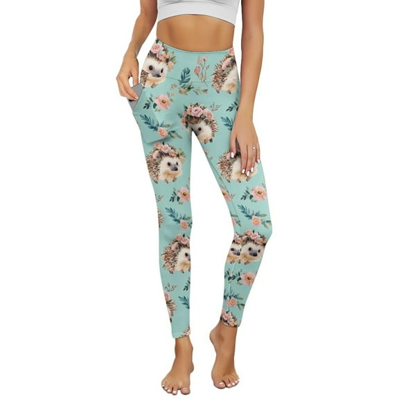 Renewold Hedgehog Flower Blue Leggings with Pockets for Women Workout Tights Compression Leggings High Waisted Butt Lifting Printed Leggings Full Length Womens Leggings, XS