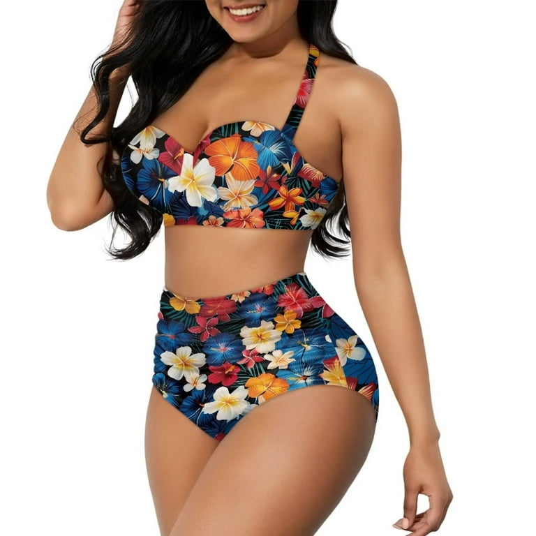 Layered ruffle halter top with floral side ruched bikini hotsell