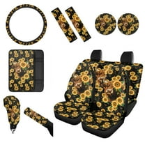 Renewold Highland Cattle Sunflower Car Seat Cover Full Set with Front Back Seats Steering Wheel Covers Armrest Pad Handbrake Cover Gear Shift Cover Auto Seat Belt Pads Cup Holder Coaster, 12 Pieces