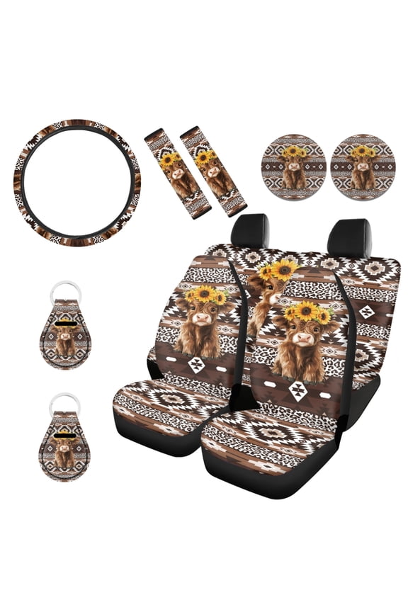Highland Cow 11 PCS Car Seat Covers Set with American Tribal Brown Leopard Print Steering Wheel Cover Seat Belt Straps Cup Holder Key Chains Car Interior Accessories Decor