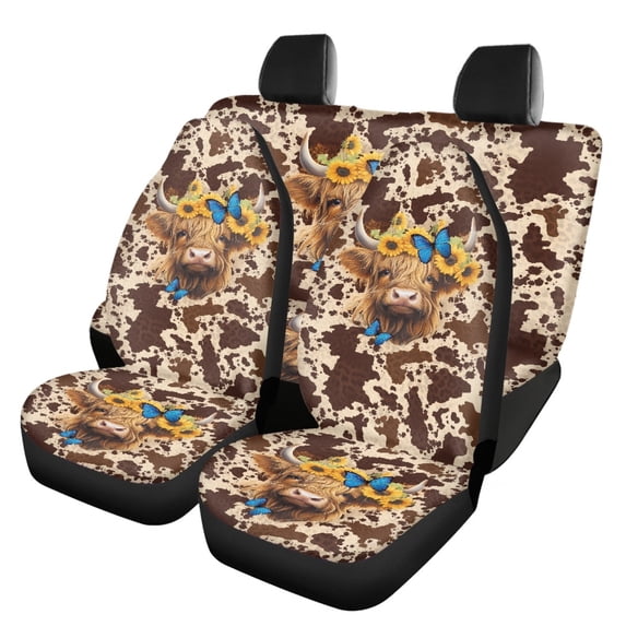 Renewold Highland Cow Brown Cow Print Car Seat Covers Full Set 4PCS, Non-slip Breathable Universal Fit Auto Seat Protector for Cars,Trucks,SUV Auto Interior Decor