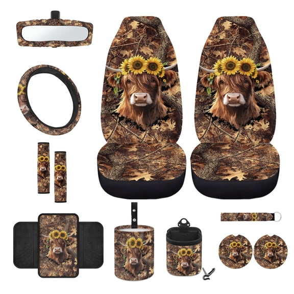 Renewold Highland Cow Camo Hunting Forest 12 PCS Front Car Seat Cover Set with Steering Wheel Seat Belt Center Console Pad Trash Bin Phone Holder Rearview Mirror Cover Cup Holder Key Chain