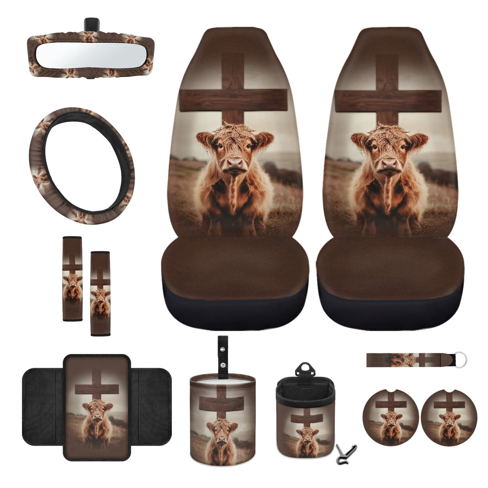 Renewold Highland Cow Cross 12 PCS Front Car Seat Cover Full Set, with Steering Wheel Seat Belt Rear View Mirror Cover Armrest Mat Trash Bag Air Vent Bag Coasters Key Chain Auto Accessories