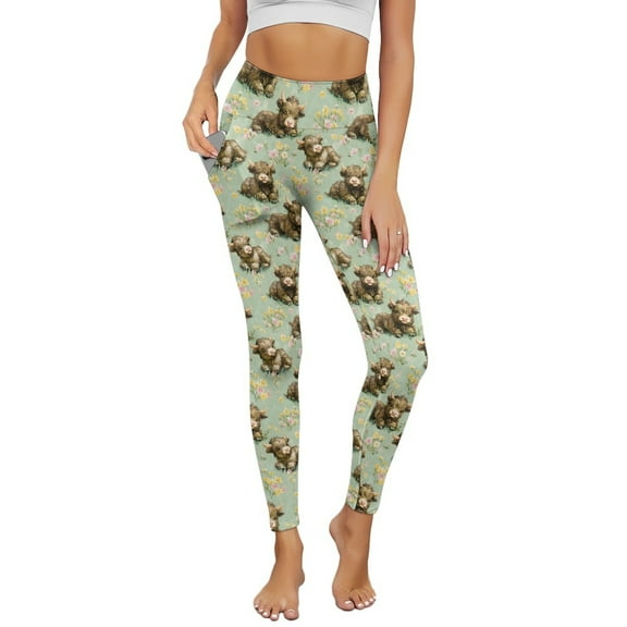 Renewold Highland Cow Floral Green Leggings for Women with Pockets Buttery Soft Running Pants High Waisted Spandex Graphic Leggings Thick Essential Pants Scrunch Butt Lifting, L