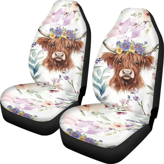 Renewold Highland Cow Floral Violet Car Seat Cover for Women Men, Non-slip Front Bench Protection Breathable Auto Accessories Universal Fit Most Vehicles