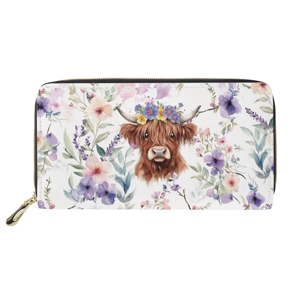 Renewold Highland Cow Floral Violet Long Clutch Wallet PU Leather Coin Pouch Cell Phone Holder for Travel RFID Blocking Zipper Purse Card Case Waterproof Handbag
