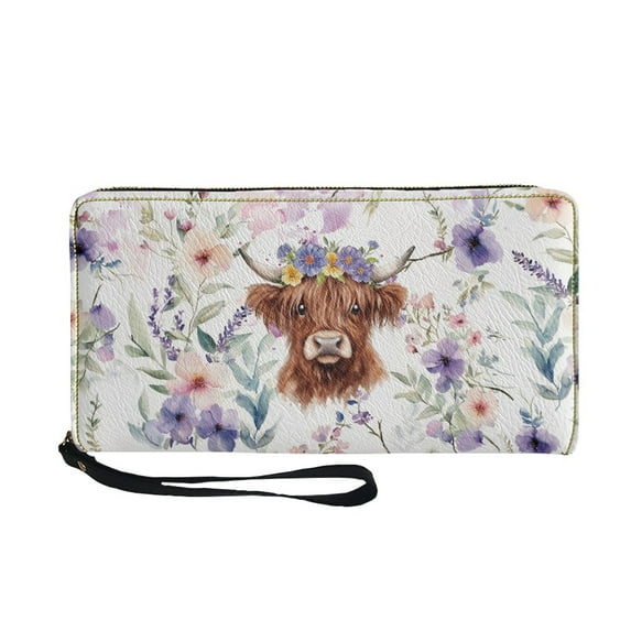 Renewold Highland Cow Floral Violet Women Wallet with Wrist Strap Zipper Card Holder Mini Wristlet Coin Bag PU Leather Long Clutch Cell Phone Case