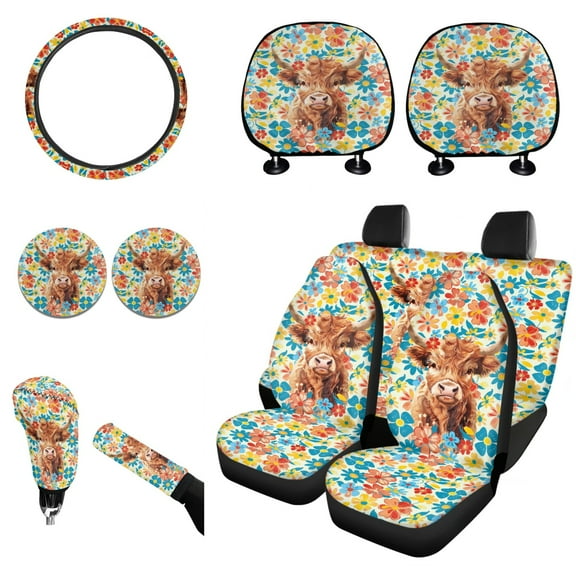 Renewold Highland Cow Hippie Flower Auto Seat Cover Full Set with Steering Wheel Cover Shift Knob Handbrake Protector Coasters Head Rest Covers Universal Fit Most Cars SUV Sedans, Pack of 11
