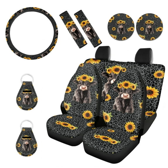Renewold Highland Cow Sunflower Black Leopard Print Car Seat Cover Full Set Car Accessories 11 PCS, with Comfy Steering Wheel Covers Seat Belt Cover Car Coasters Keychain Universal Fit Most Vehicles