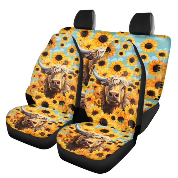 Renewold Highland Cow Sunflower Blue Car Seat Covers Full Set, Front and Rear Bench Protector Set, Universal Fit for Auto Truck Van SUV for Car Interior Decoration