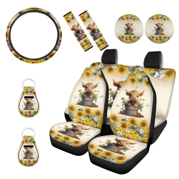 Renewold Highland Cow Sunflower Butterfly Car Front Back Seat Covers Full Set of 11 for Women, Soft Car Seat Protector Steering Wheel Covers Seat Belt Strap Wrap Coaster Keychains Gift for Women