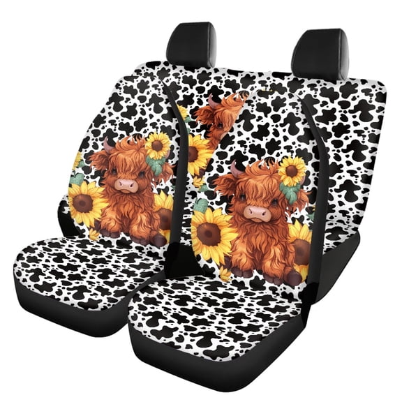 Renewold Highland Cow Sunflower Cow Print Car Seat Covers Full Set for Women Men, Front Seat Protector Cover + Rear Backrest + Bottom Cover Full Set of 4