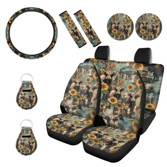 Renewold Highland Cow Sunflower Retro 11 Pieces Car Accessories Set for Women, Non-Slip Front Rear Car Seat Covers, Steering Wheel Cover Seat Belt Pad Coasters Key Chain Universal Fit for Most Cars
