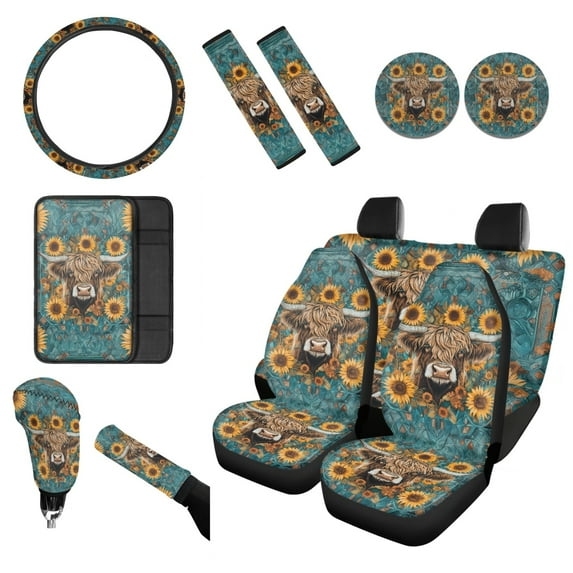 Renewold Highland Cow Sunflower Teal 12 PCS Car Seat Cover for Women, Non-slip Car Steering Wheel Cover Seatbelt Strap Shoulder Cover Coasters Armrest Pad Handbrake Cover Gear Shift Cover