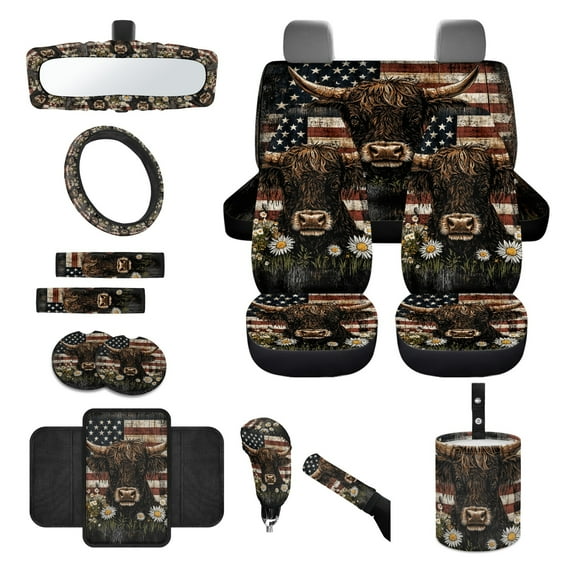 Renewold Highland Cow US Flag Car Seat Cover Full Set 14 PCS, Steering Wheel Seat Belt Rear View Mirror Cover Coaster Trash Can Center Console Gear Shift Knob Cover Set Universal Fit