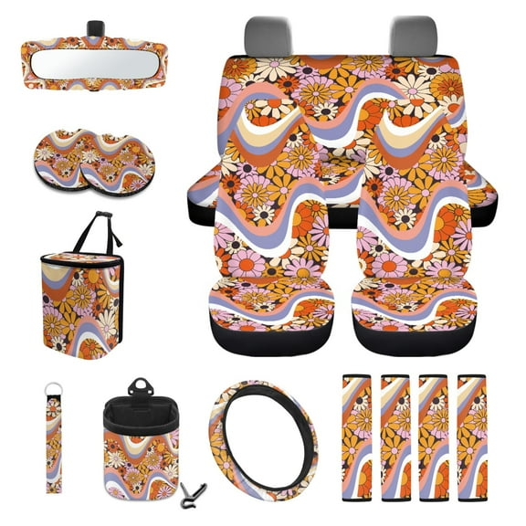 Renewold Hippie Flower Car Seat Cover Full Set 15 Pieces, with Steering Wheel Cover Seatbelt Shoulder Pad Coasters Garbage Bins Rear View Mirror Cover Keychain Air Vent Storage Pouch Universal Fit