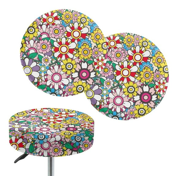 Renewold Hippie Flower Colorful Stool Covers Round Elastic 12"-14" Round Bar Stool Seat Cover Protector Breathable Saddle Stool Slipcover - 2 Count