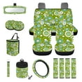 thumbnail image 1 of Renewold Hippie Flower Green Cyan Car Seat Cover Full Set 15 PCS, with Steering Wheel Cover Seat Belt Strap Pad Trash Bag Mount Phone Holder Rearview Mirror Accessories Cup Holder Keychain, 1 of 7