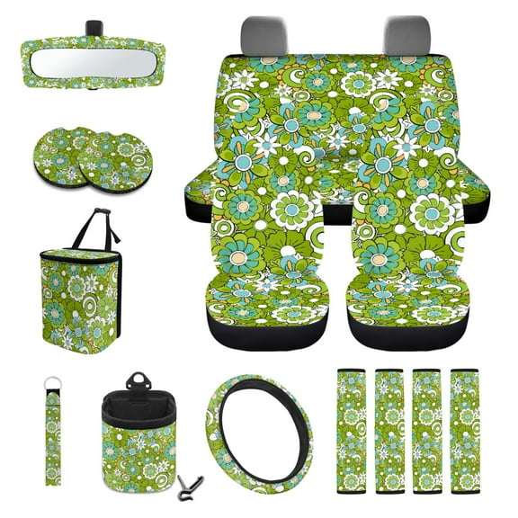 Renewold Hippie Flower Green Cyan Car Seat Cover Full Set 15 PCS, with Steering Wheel Cover Seat Belt Strap Pad Trash Bag Mount Phone Holder Rearview Mirror Accessories Cup Holder Keychain