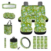 Renewold Hippie Flower Green Cyan Car Seat Cover Full Set 15 PCS, with Steering Wheel Cover Seat Belt Strap Pad Trash Bag Mount Phone Holder Rearview Mirror Accessories Cup Holder Keychain