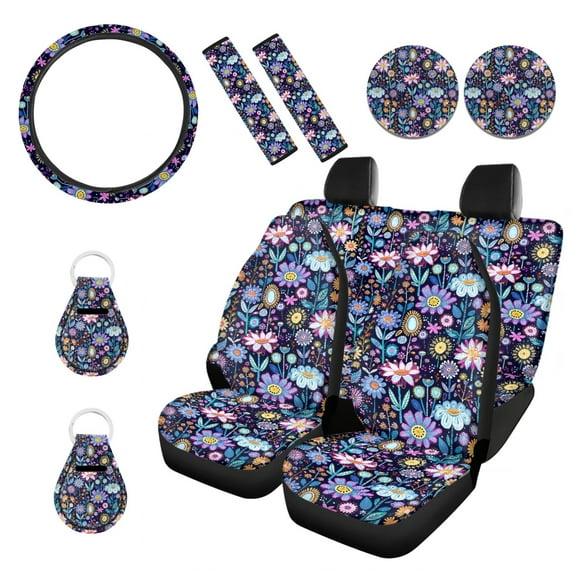 Renewold Hippie Flower Lotus Blue Purple Car Seat Covers Full Set, Washable Auto Seat Covers with Steering Wheel Covers, Seat Belt Pad, Coaster, Keychains Car Interior Accessories for Men Women