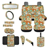 Renewold Hippie Flower Orange Cyan Car Seat Covers Full Set, Groovy Flower Steering Wheel Safe Belt Pads Handbrake Cover Set Coasters Garbage Container Rear View Mirror Center Console Pad, Set of 14