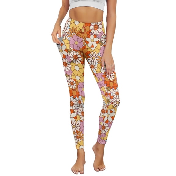 Renewold Hippie Flower Orange Pink Yoga Leggings for Women with Pockets Trendy Running Yoga Pants High Waisted Tummy Control Graphic Pants Tights for Cycling Yoga Sports, S