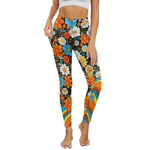 Renewold Hippie Flower Orange Womens Yoga Pants with Pockets High Waisted Womens Leggings Fashion Exercise Yoga Leggings Opaque Activewear Lightweight Ankle Leggings, S