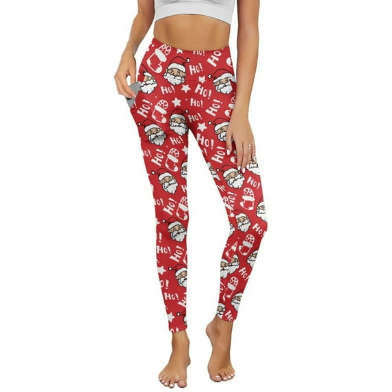 Renewold Ho Ho Ho Santa Claus Red Leggings for Women with Pockets Running Pants Tight High Waisted Spandex Graphic Leggings Trendy Essential Leggings Scrunch Butt Lifting, XXL