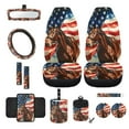 thumbnail image 1 of Renewold Horse American Flag Front Car Seat Cover Set with Steering Wheel Cover Seat Belt Pads Center Console Cushion Pad Trash Bin Phone Holder Rearview Mirror Cover Cup Holder Keychain, Pack of 12, 1 of 7