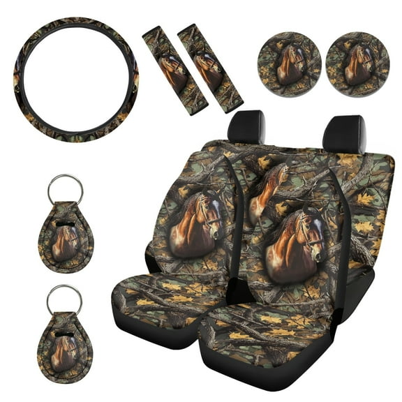 Renewold Horse Camo Hunting Forest Car Seat Cover Full Set Car Accessories 11 PCS, with Non-slip Steering Wheel Covers Seat Belt Cover Car Coasters Keychain Universal Fit Most Vehicles SUV Sedans